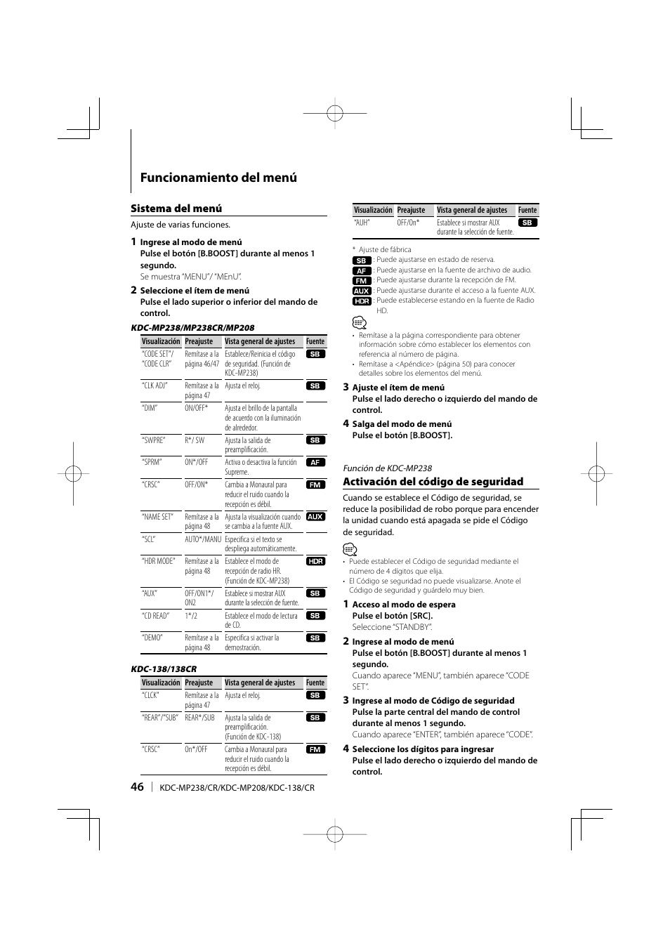 Funcionamiento del menú | Kenwood KDC-138 User Manual | Page 46 / 56
