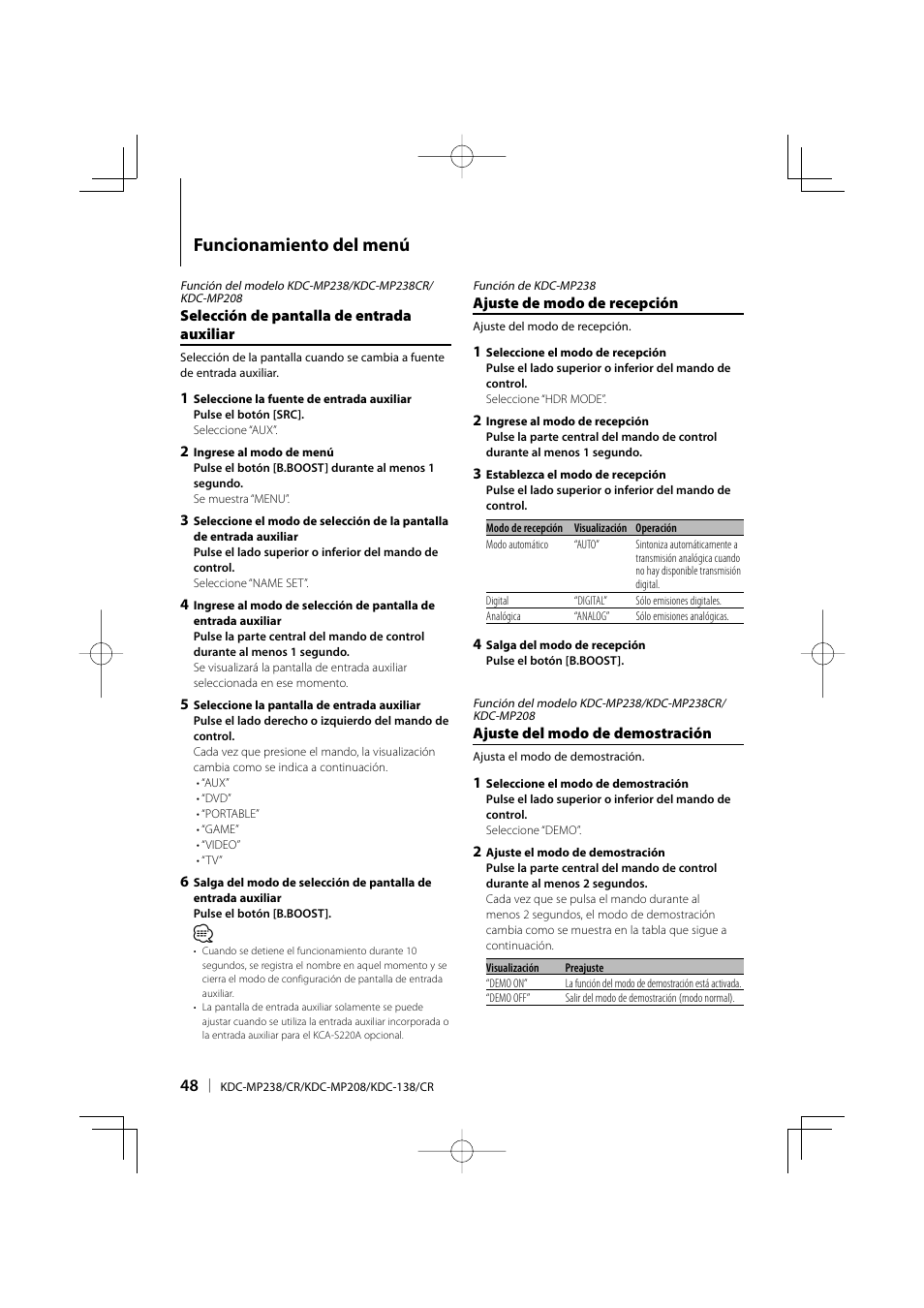 Funcionamiento del menú | Kenwood KDC-138 User Manual | Page 48 / 56