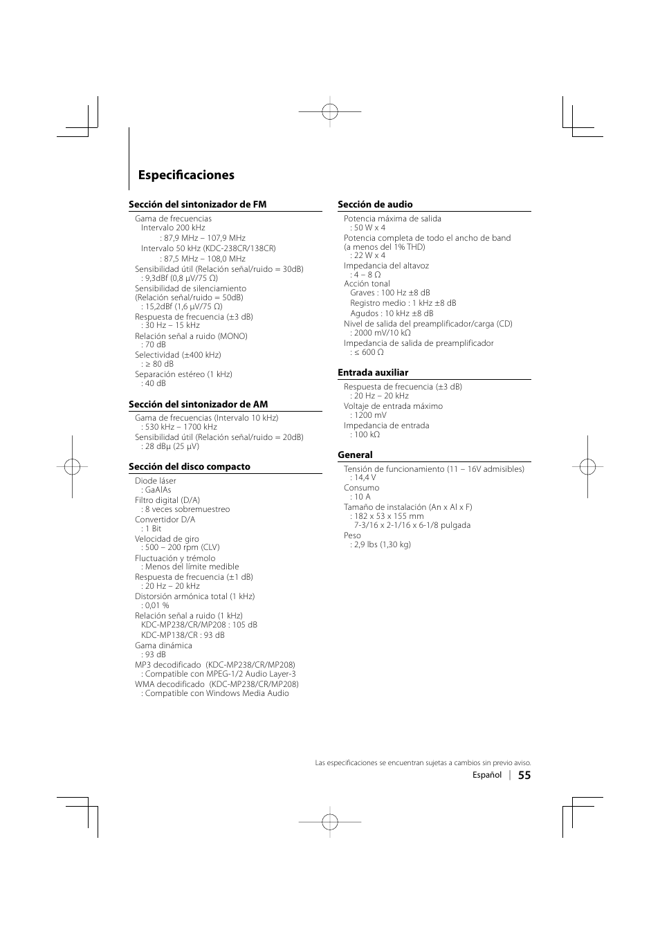 Especifi caciones | Kenwood KDC-138 User Manual | Page 55 / 56