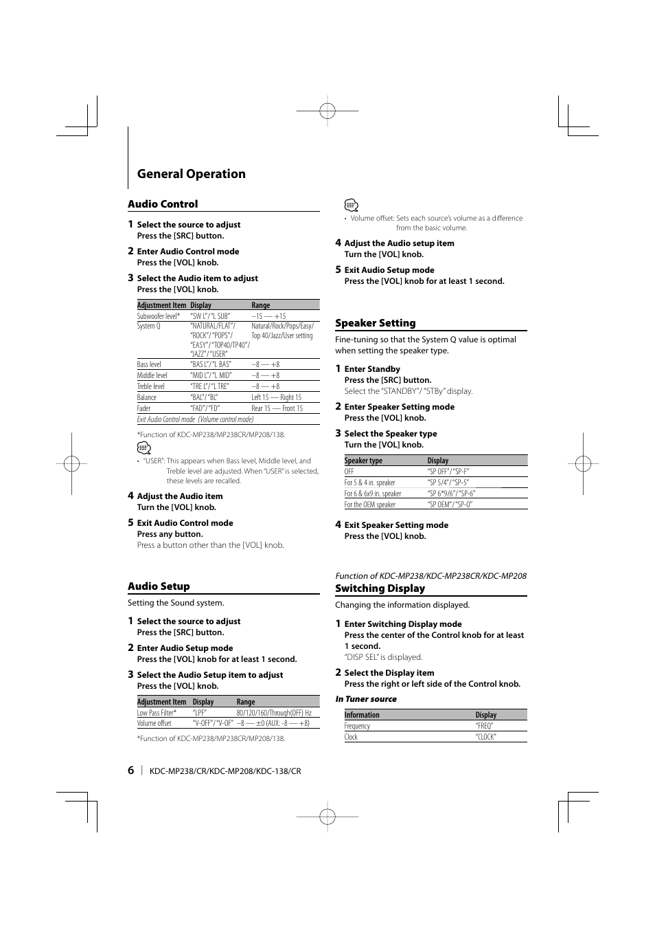 General operation | Kenwood KDC-138 User Manual | Page 6 / 56
