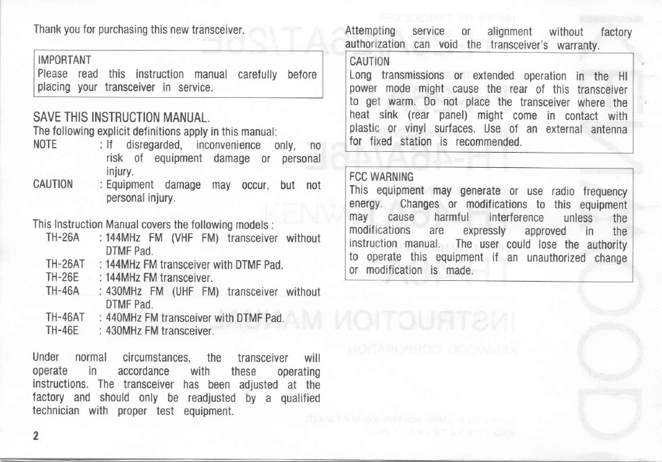 Save this instruction manual | Kenwood TH-26A User Manual | Page 2 / 50