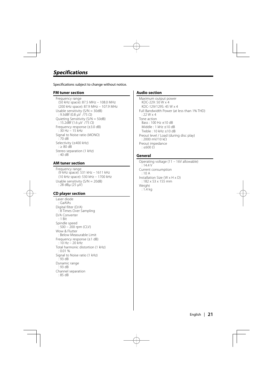 Specifications | Kenwood kdc 229 User Manual | Page 21 / 22