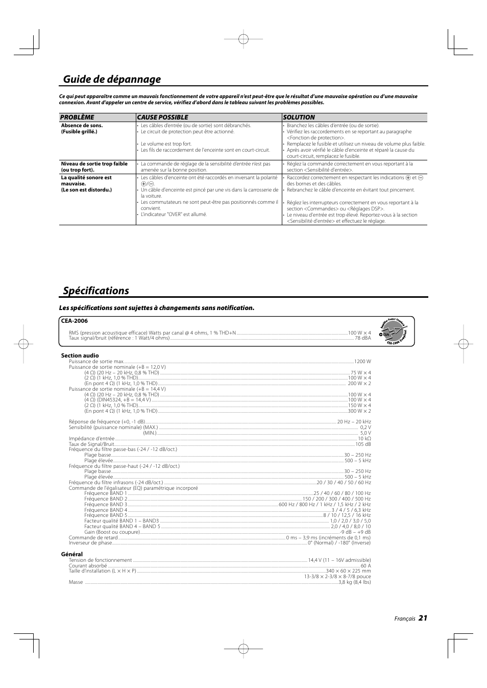 Guide de dépannage spécifications | Kenwood KAC-X4R User Manual | Page 21 / 32