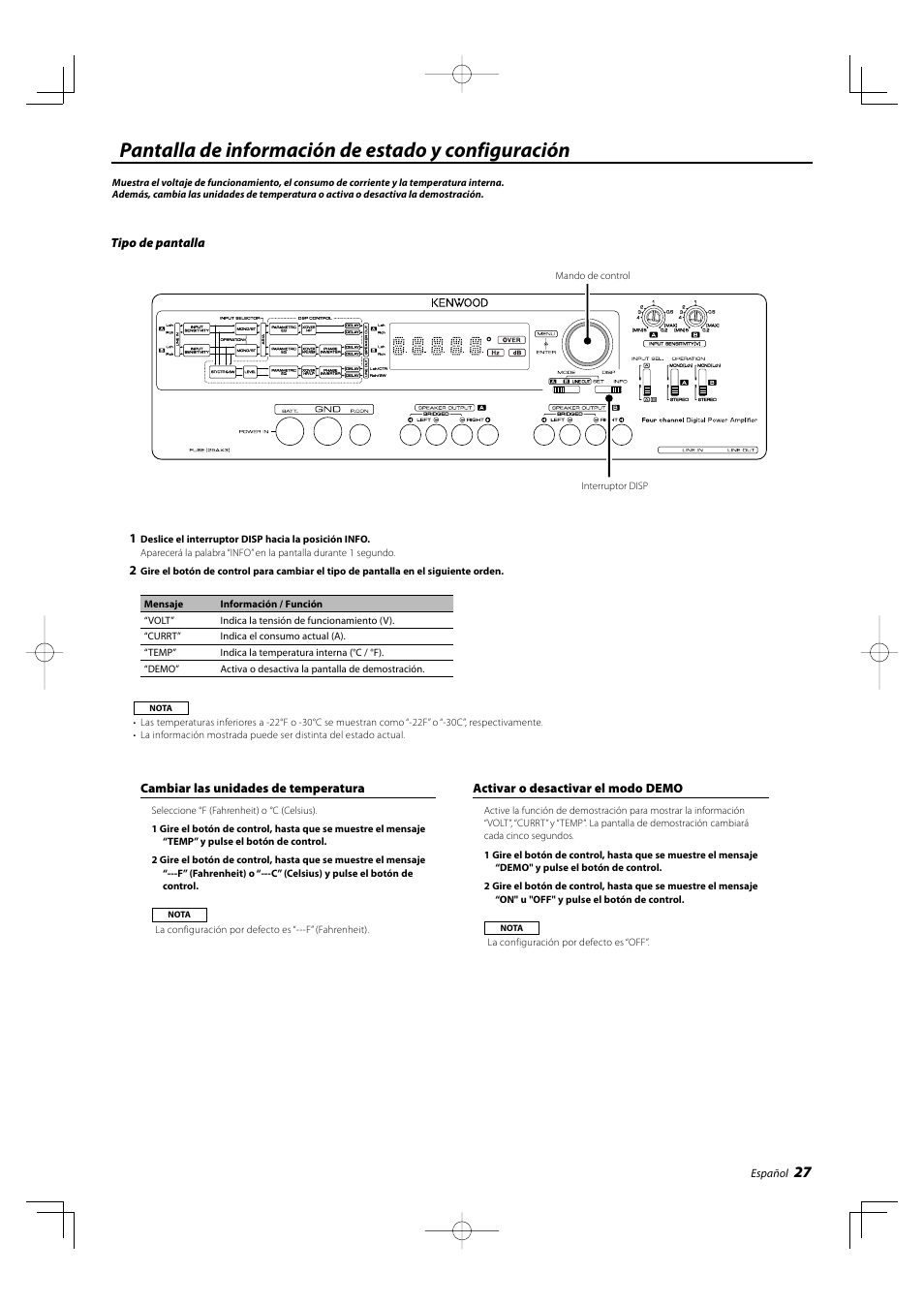 Pantalla de información de estado y configuración | Kenwood KAC-X4R User Manual | Page 27 / 32