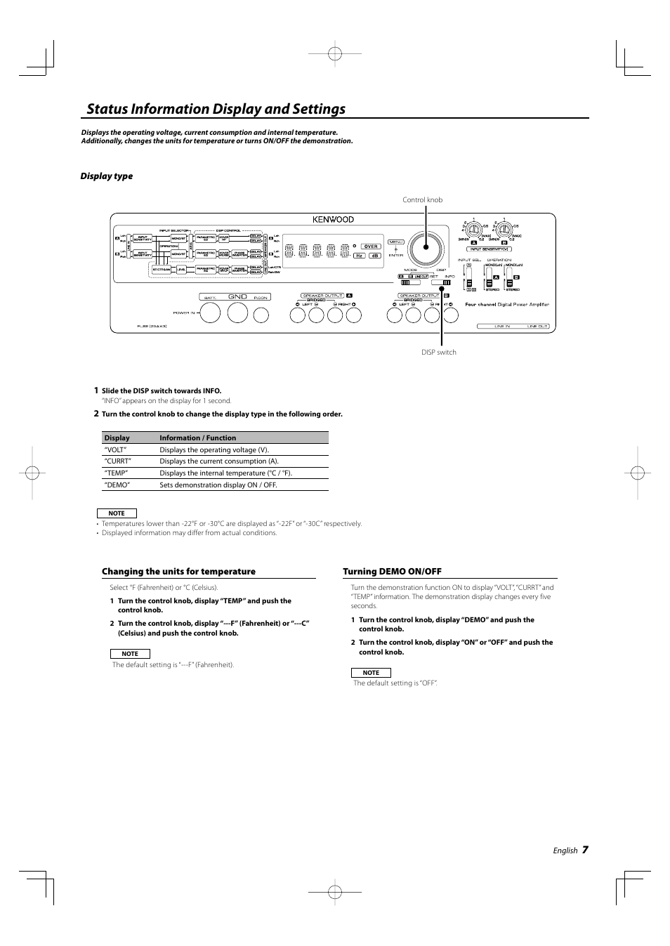Status information display and settings | Kenwood KAC-X4R User Manual | Page 7 / 32