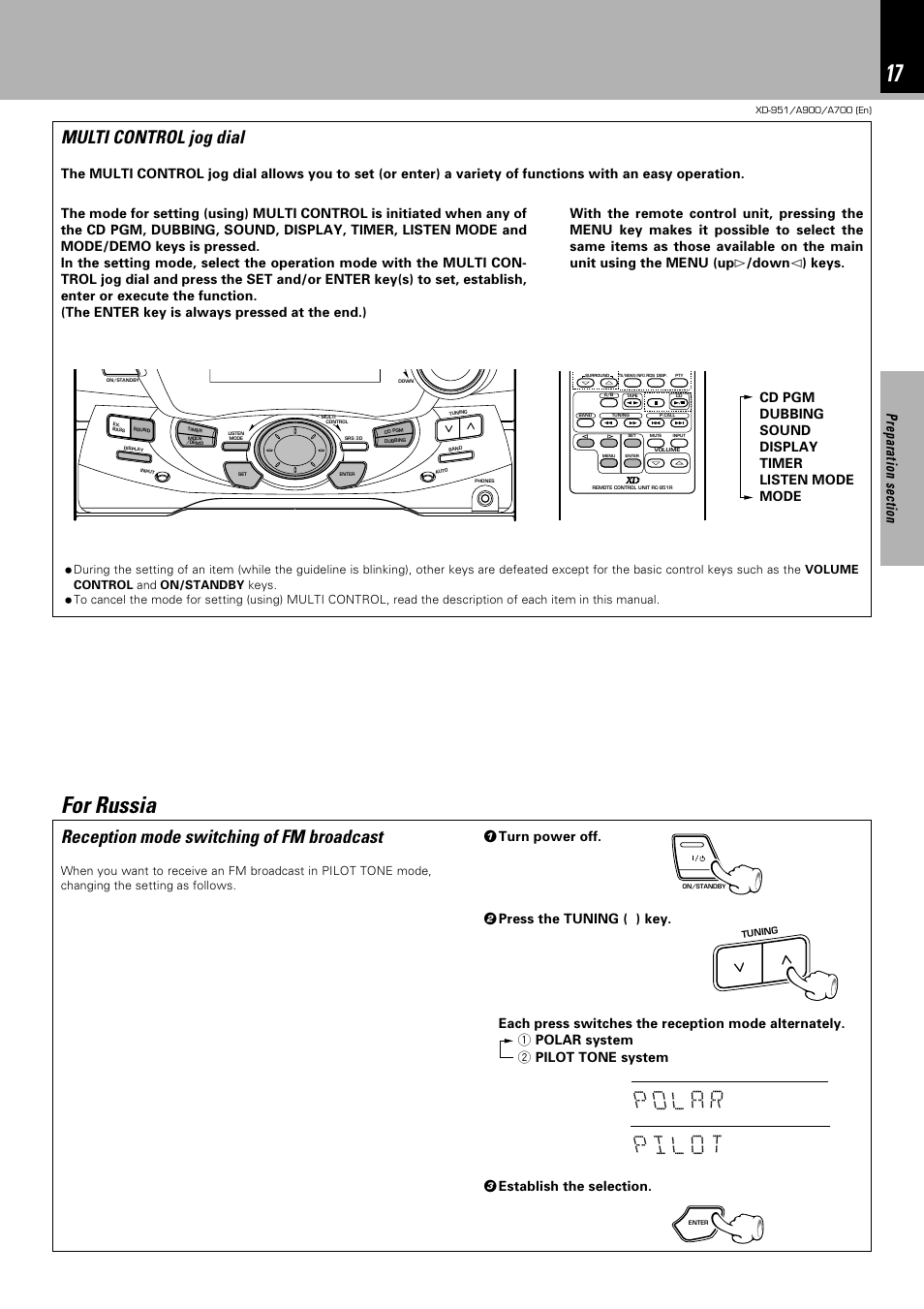 For russia, Reception mode switching of fm broadcast, Multi control jog dial | Kenwood XD-A700 User Manual | Page 17 / 68