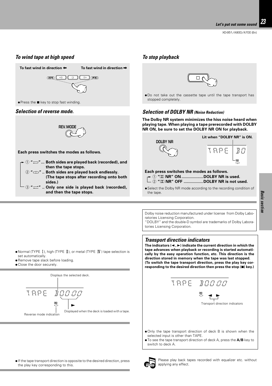 B0 e p a t, B00 0 0 e p a t, Selection of dolby nr | Transport direction indicators | Kenwood XD-A700 User Manual | Page 23 / 68