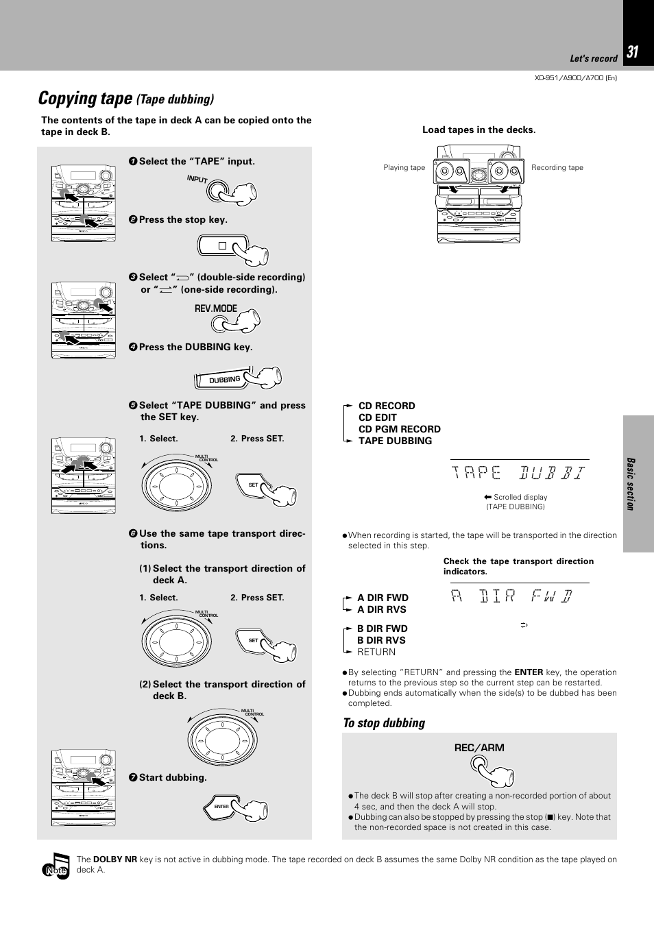 Copying tape, Tape dubbing) | Kenwood XD-A700 User Manual | Page 31 / 68