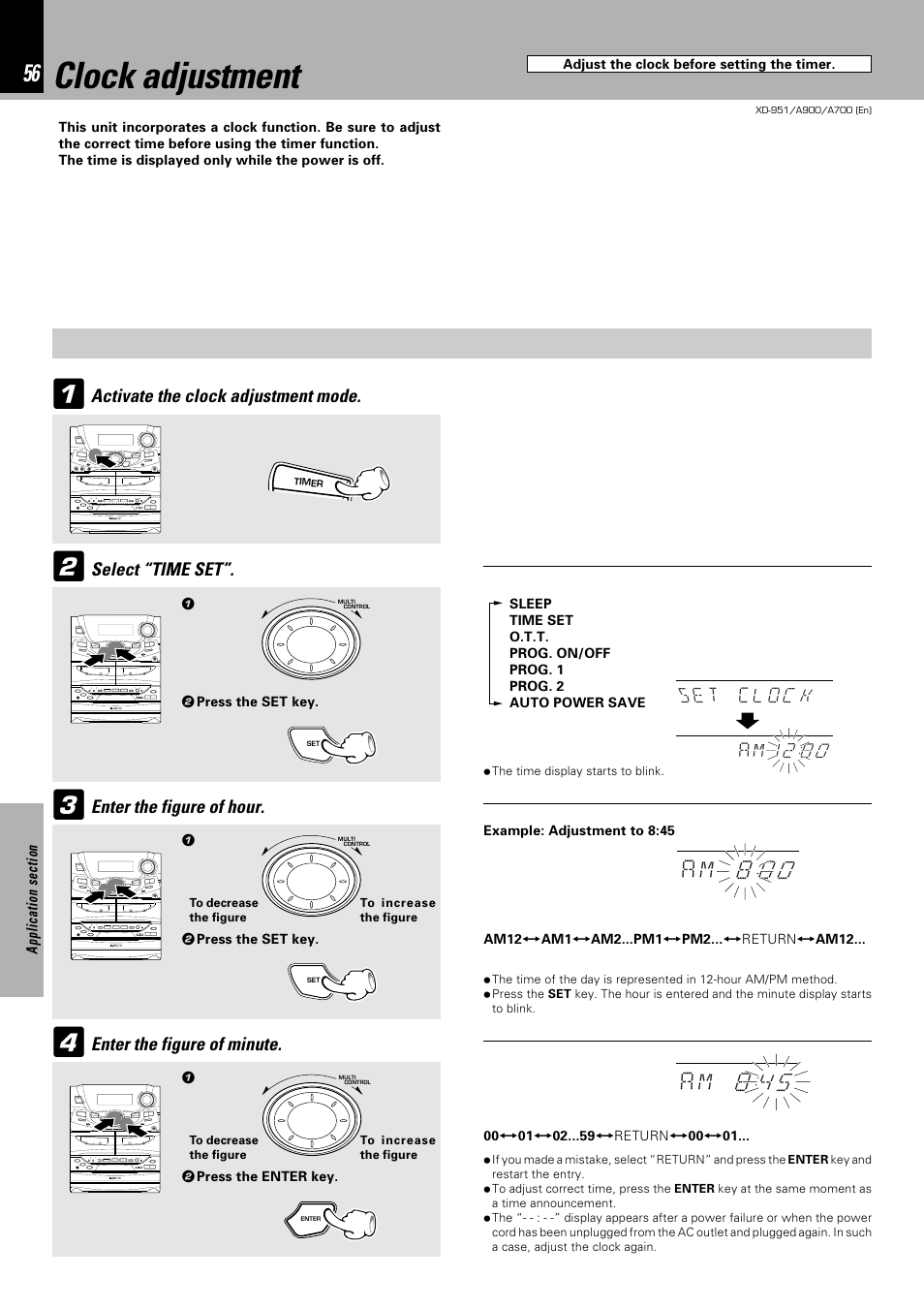 Clock adjustment, Am 8 0 0, Am 8 4 5 | Kenwood XD-A700 User Manual | Page 56 / 68