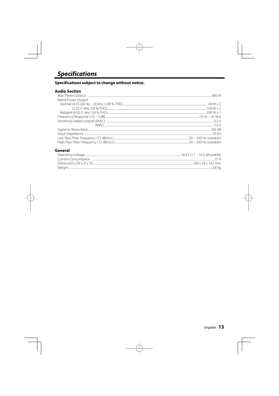 Specifications | Kenwood KAC-6202 User Manual | Page 13 / 14