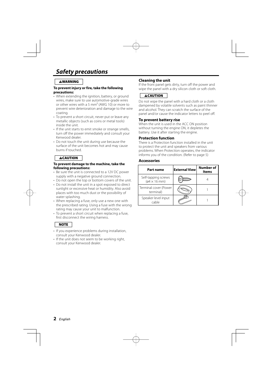 Safety precautions | Kenwood KAC-6202 User Manual | Page 2 / 14