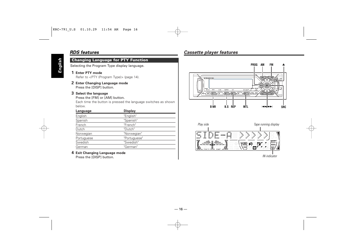 Cassette player features | Kenwood KRC-791 User Manual | Page 16 / 42