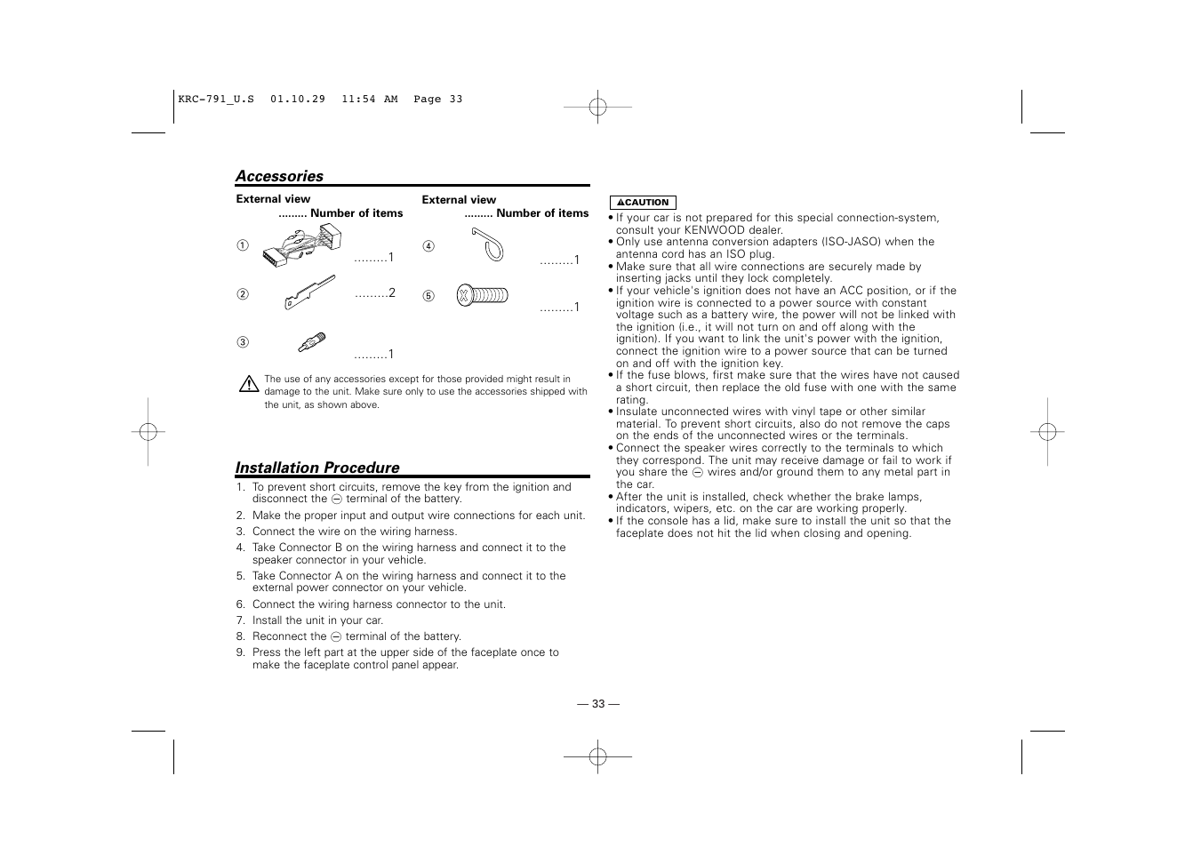 Accessories, Installation procedure | Kenwood KRC-791 User Manual | Page 33 / 42