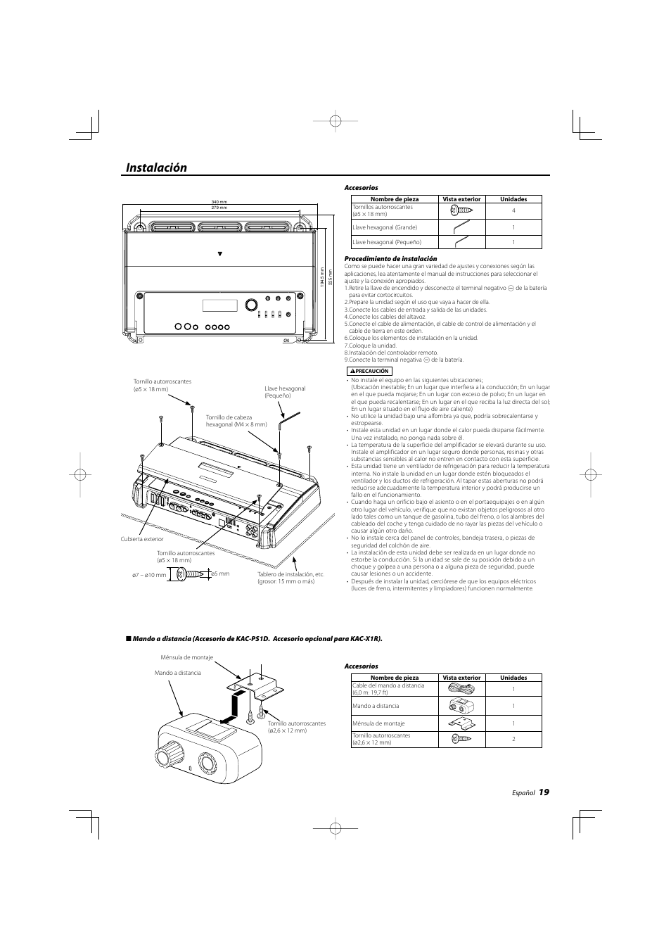 Instalación | Kenwood eXcelon KAC-X1R User Manual | Page 19 / 24