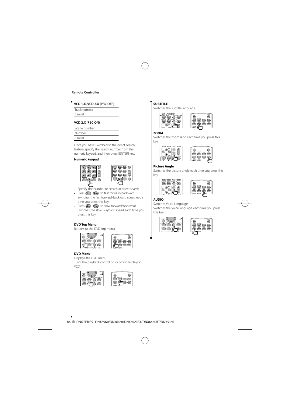 Subtitle switches the subtitle language, Remote controller | Kenwood DNX6160 User Manual | Page 86 / 100