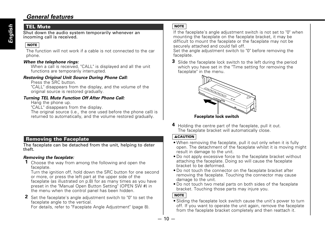Tel mute, Removing the faceplate, General features | English | Kenwood CASSETTE RECEIVER KRC-778RV User Manual | Page 10 / 48