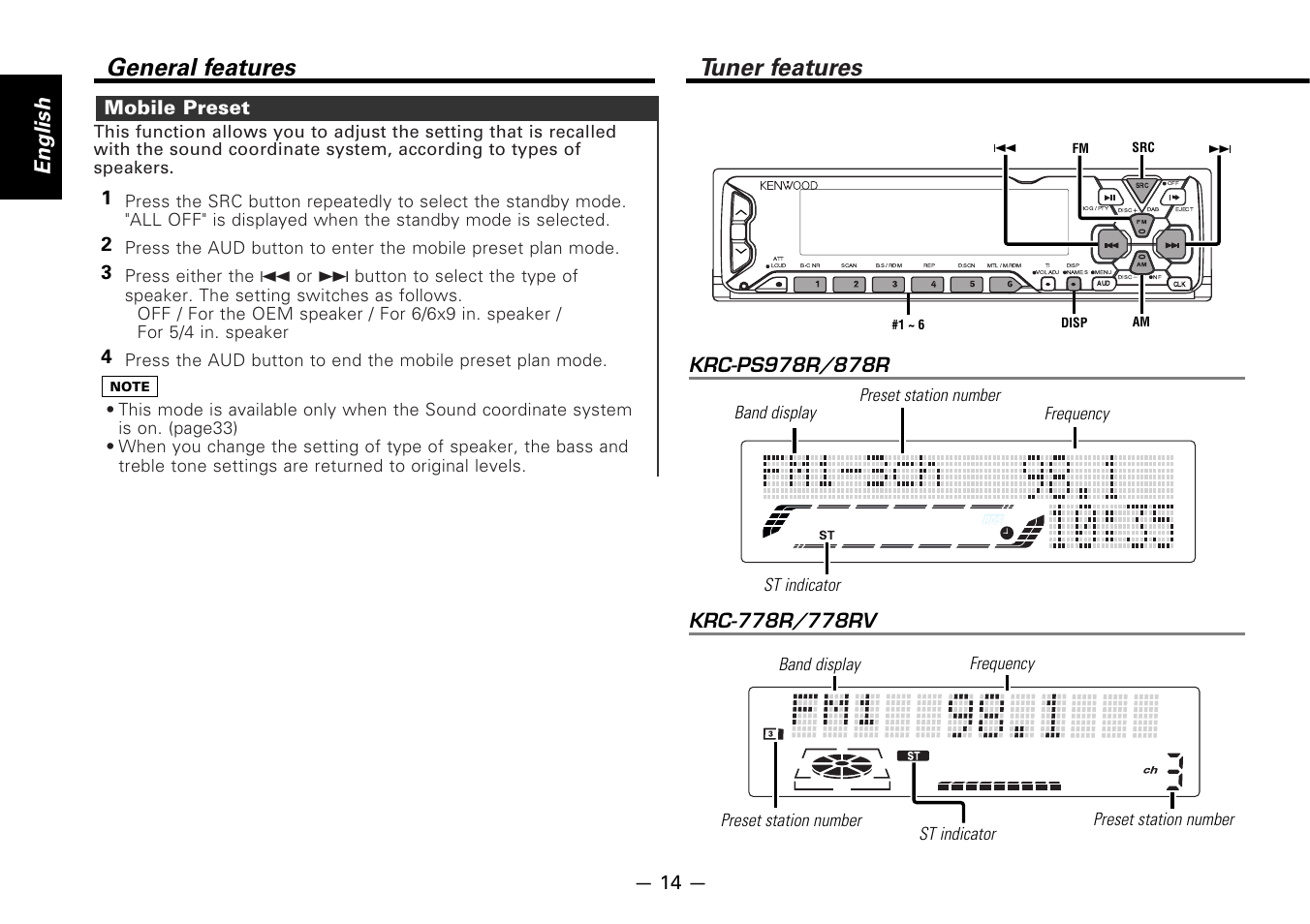 Mobile preset, Tuner features, General features | English, 43 2 1 mobile preset, Preset station number | Kenwood CASSETTE RECEIVER KRC-778RV User Manual | Page 14 / 48