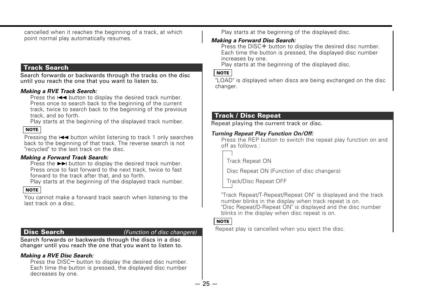 Track search, Disc search, Track / disc repeat | Kenwood CASSETTE RECEIVER KRC-778RV User Manual | Page 25 / 48
