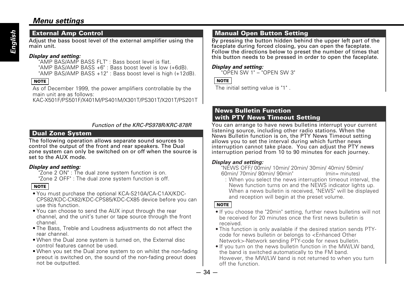 External amp control, Dual zone system, Manual open button setting | Menu settings, English | Kenwood CASSETTE RECEIVER KRC-778RV User Manual | Page 34 / 48