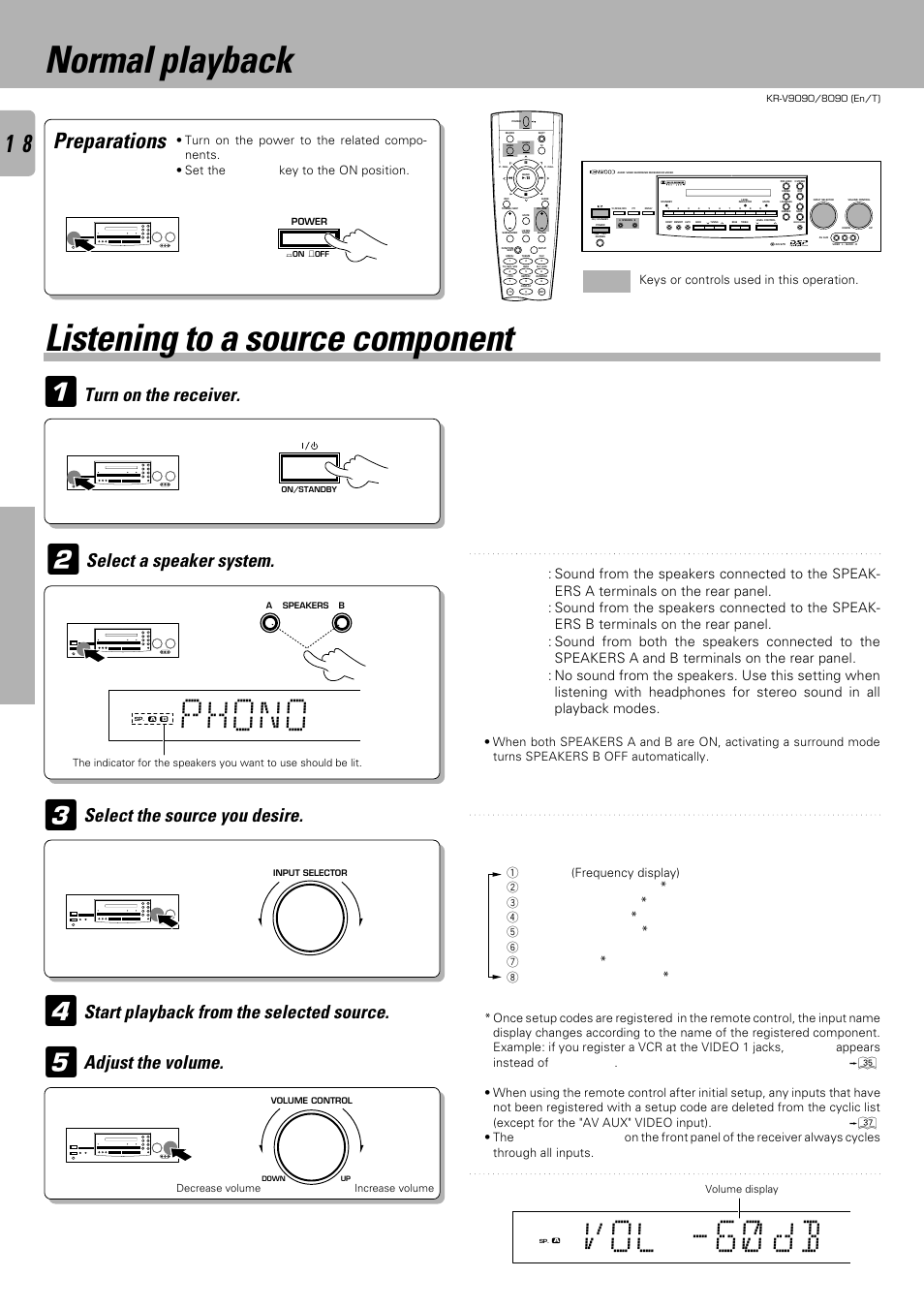 Phono, Vol -6) db, Listening to a source component | Normal playback, Preparations, Turn on the receiver, Operations, The input sources change as shown below, Phono"("phono" * ), Video1" ("sat" * ) | Kenwood KR-V9090 User Manual | Page 18 / 60
