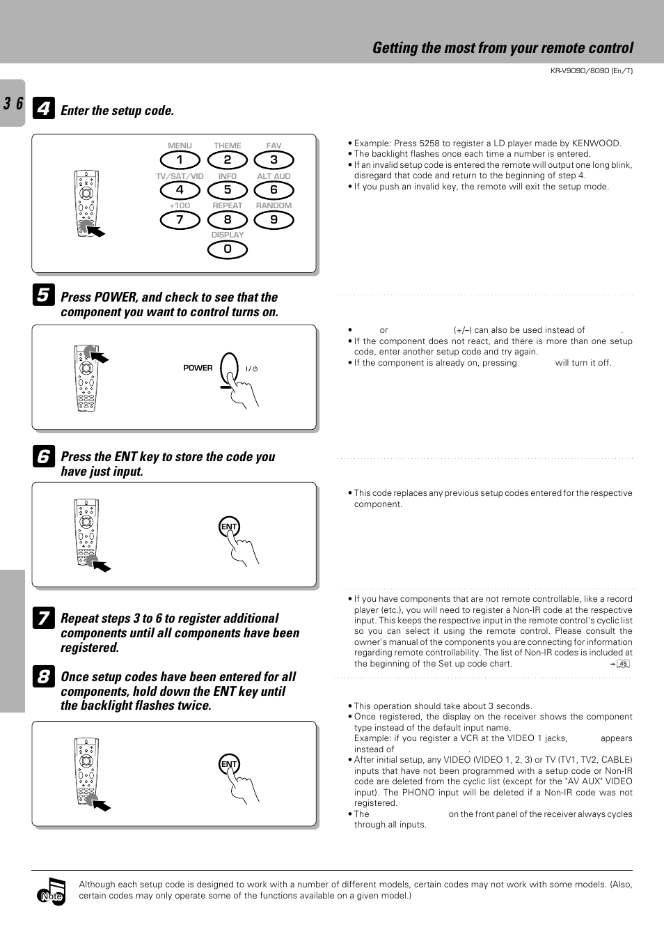 Getting the most from your remote control | Kenwood KR-V9090 User Manual | Page 36 / 60