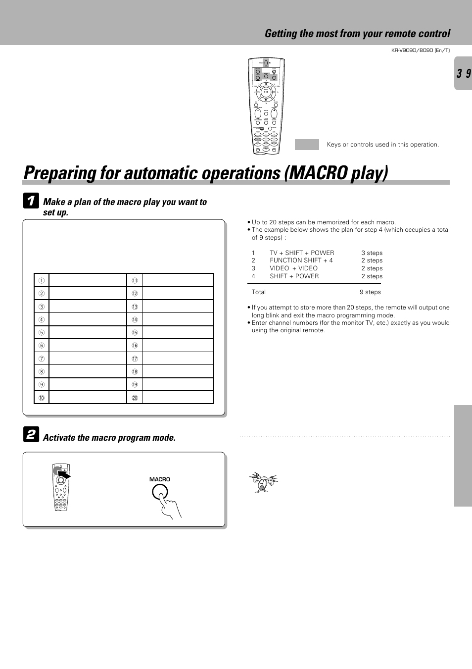 Preparing for automatic operations (macro play), Getting the most from your remote control, Make a plan of the macro play you want to set up | Activate the macro program mode | Kenwood KR-V9090 User Manual | Page 39 / 60