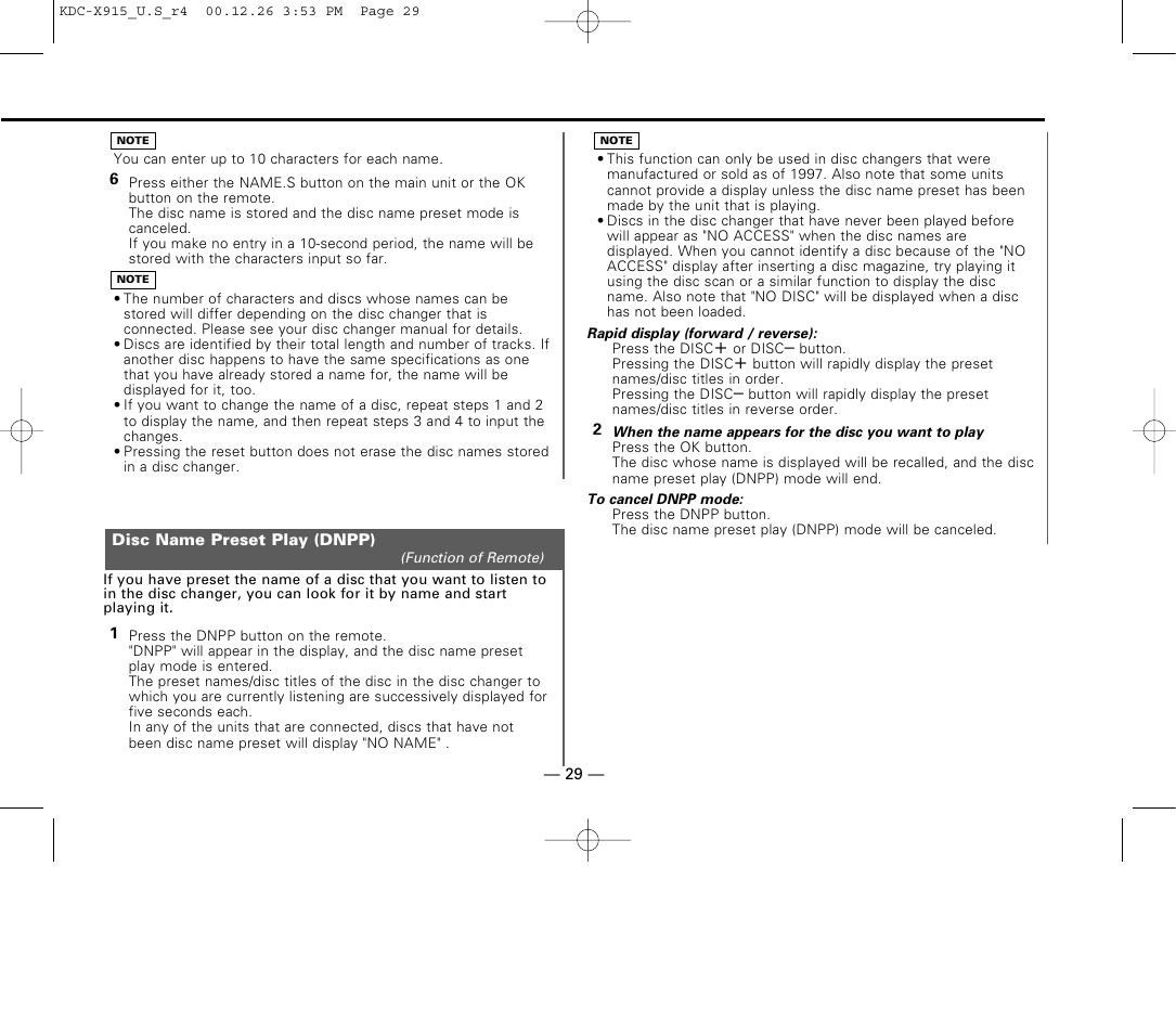 Disc name preset play (dnpp) | Kenwood KDC-9015 User Manual | Page 29 / 52