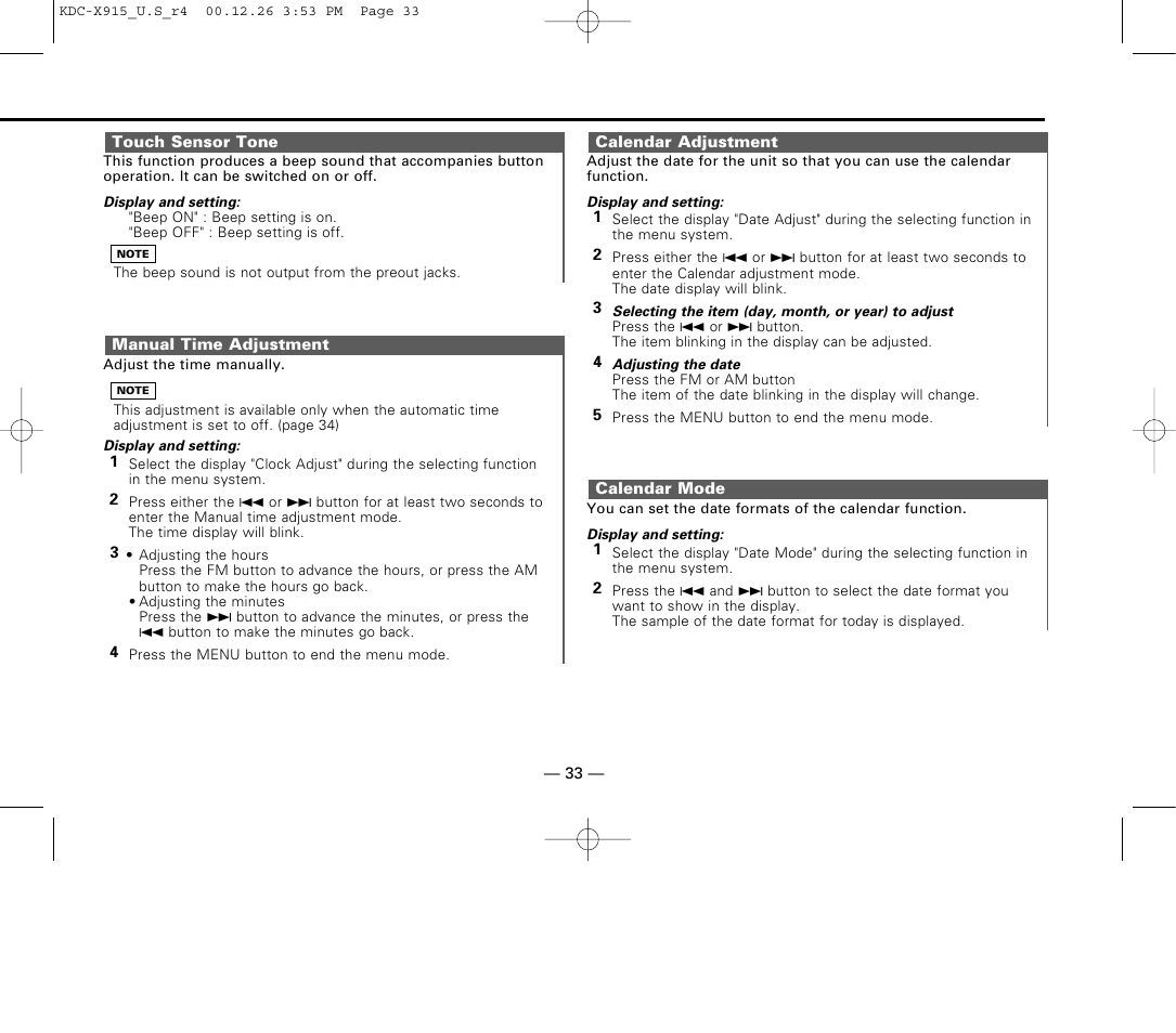 Touch sensor tone, Manual time adjustment, Calendar adjustment | Calendar mode | Kenwood KDC-9015 User Manual | Page 33 / 52