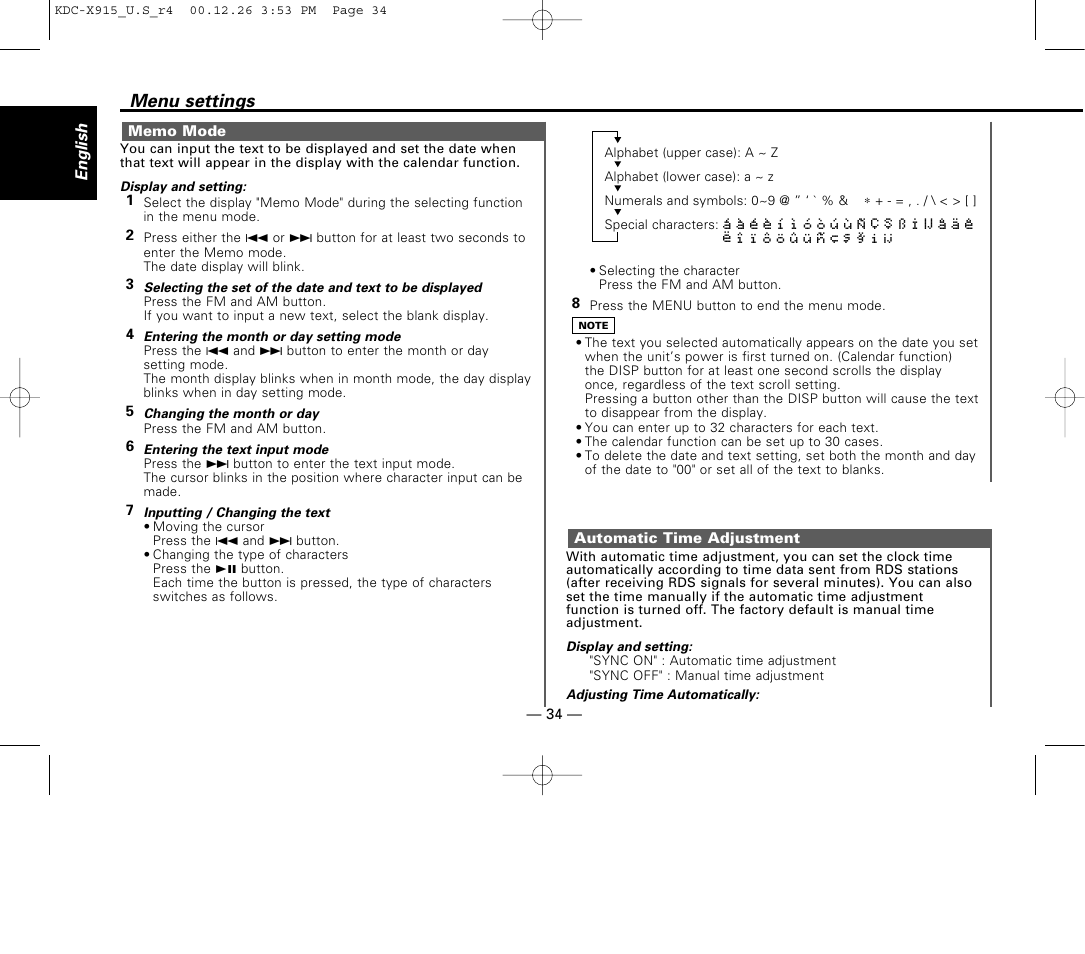 Memo mode, Automatic time adjustment, Menu settings | Kenwood KDC-9015 User Manual | Page 34 / 52