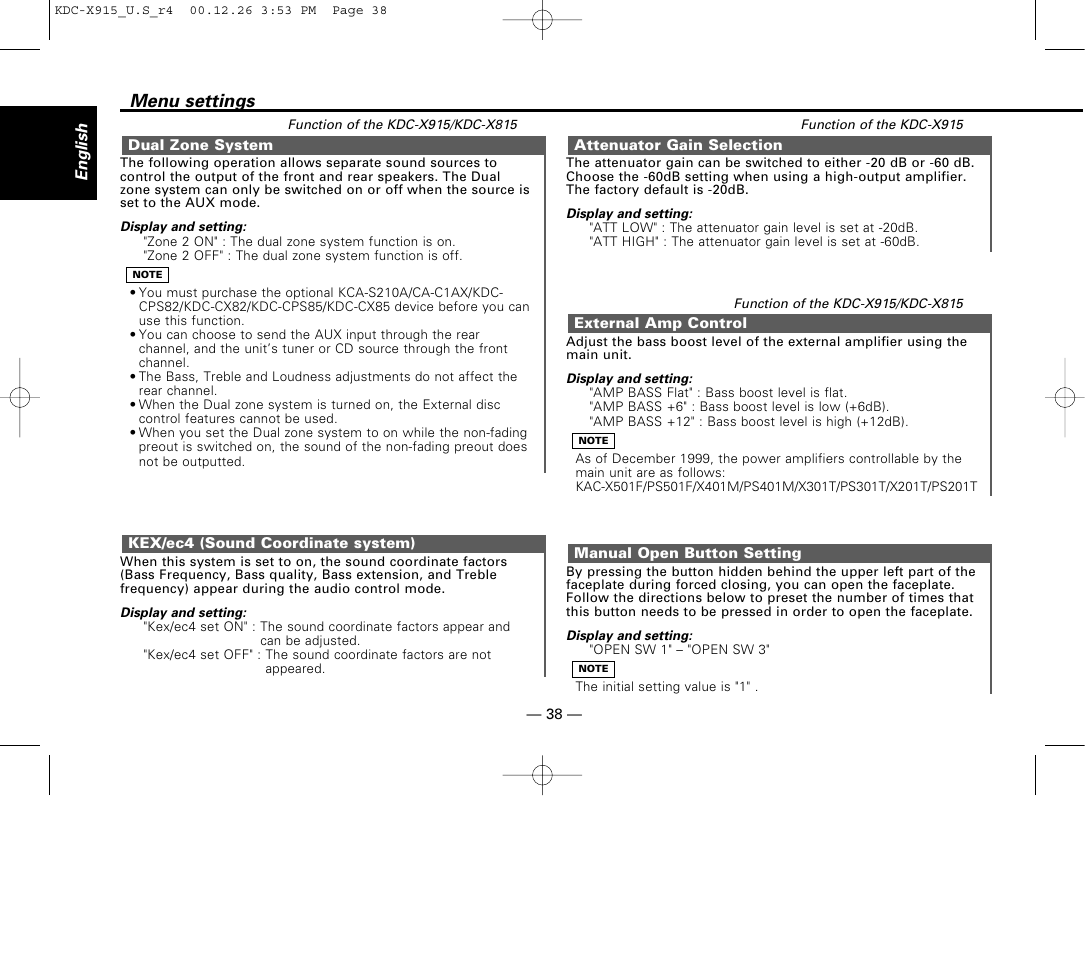 Dual zone system, Kex/ec4(sound coordinate system), Attenuator gain selection | External amp control, Manual open button setting, Menu settings | Kenwood KDC-9015 User Manual | Page 38 / 52