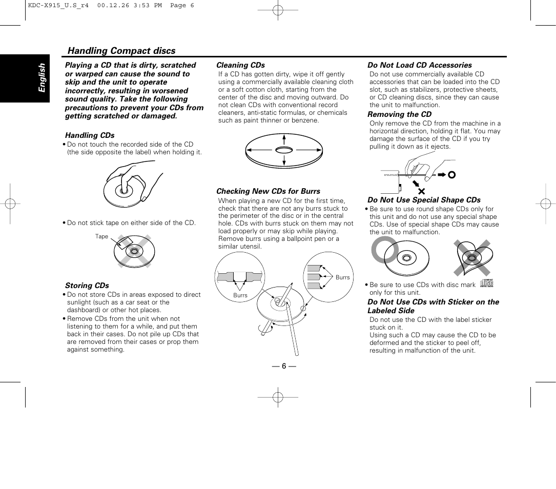 Handling compact discs | Kenwood KDC-9015 User Manual | Page 6 / 52