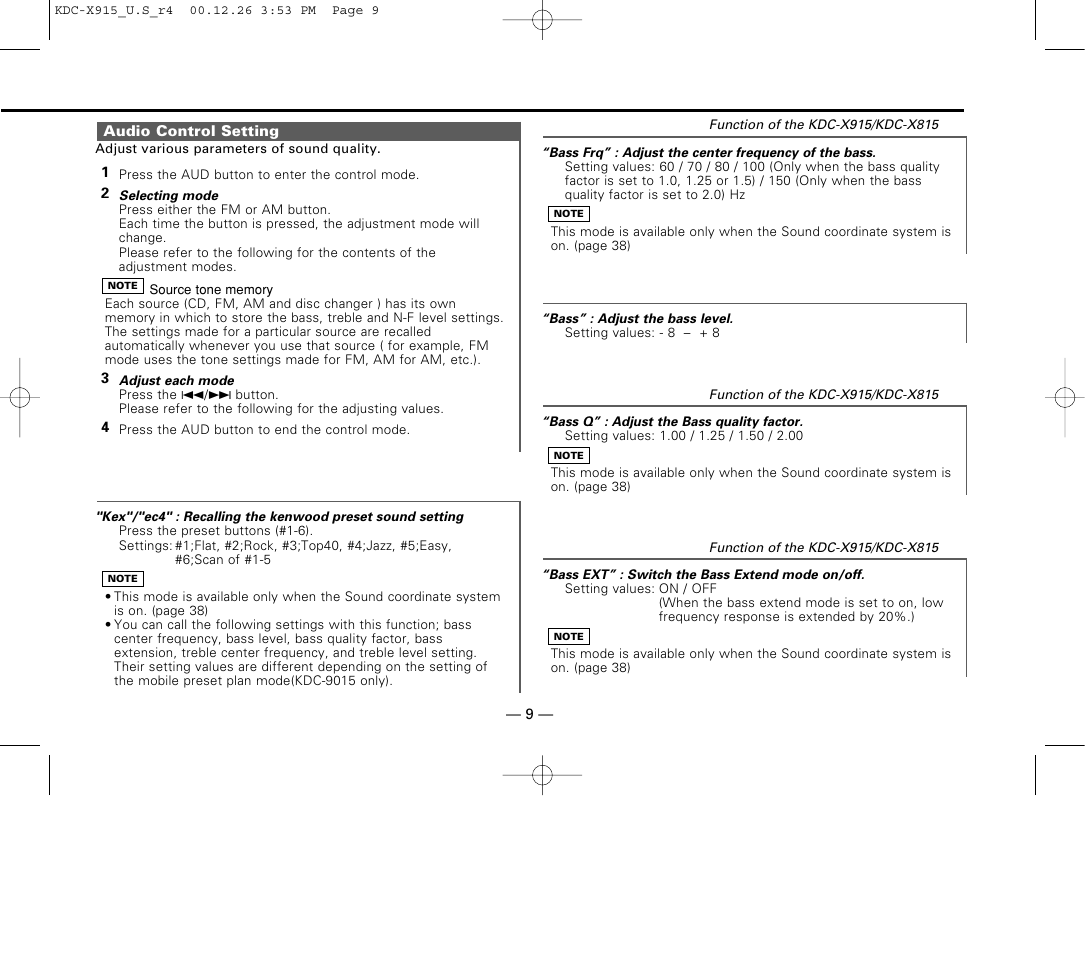 Audio control setting | Kenwood KDC-9015 User Manual | Page 9 / 52