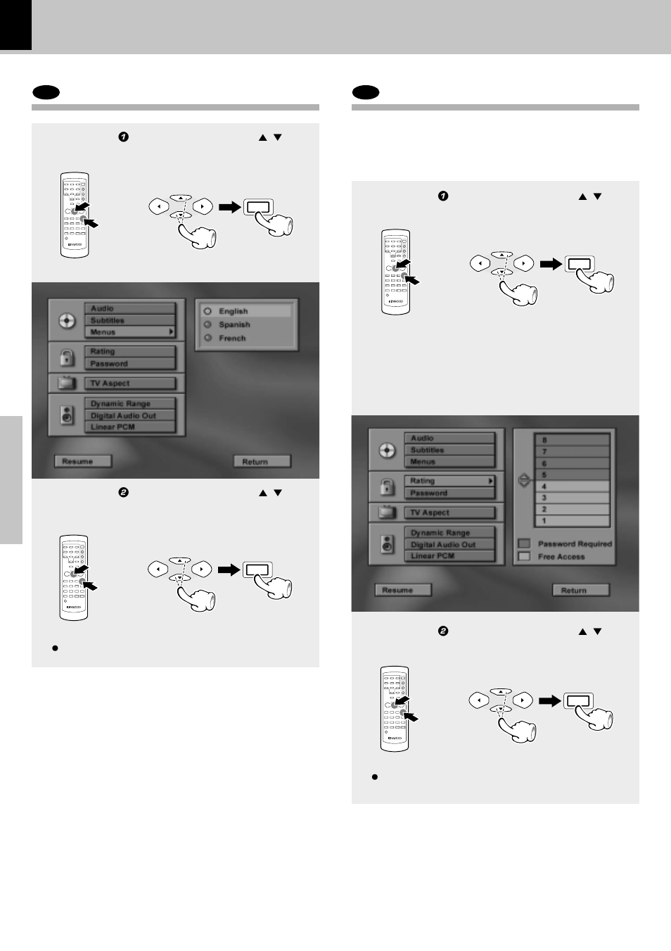 Dvd select menu language, Dvd select rating, Select menu language | Select rating, Parental lock level, Operations, Set up functions | Kenwood DVF-3550 User Manual | Page 28 / 44