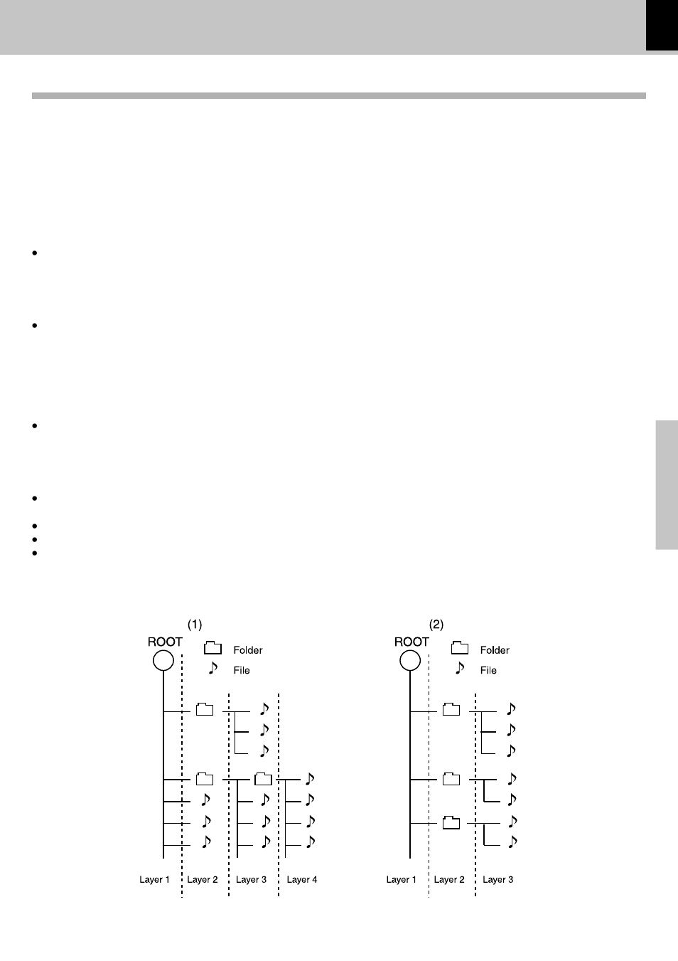 Mp3 function, Guidance of mp3, Media that can be played back with this equipment | Creating media for playing back on this equipment, Example for a hierarchical structure | Kenwood DVF-3550 User Manual | Page 35 / 44