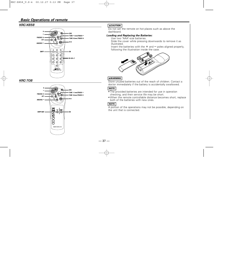 Basic operations of remote | Kenwood KRC-X858 User Manual | Page 37 / 49