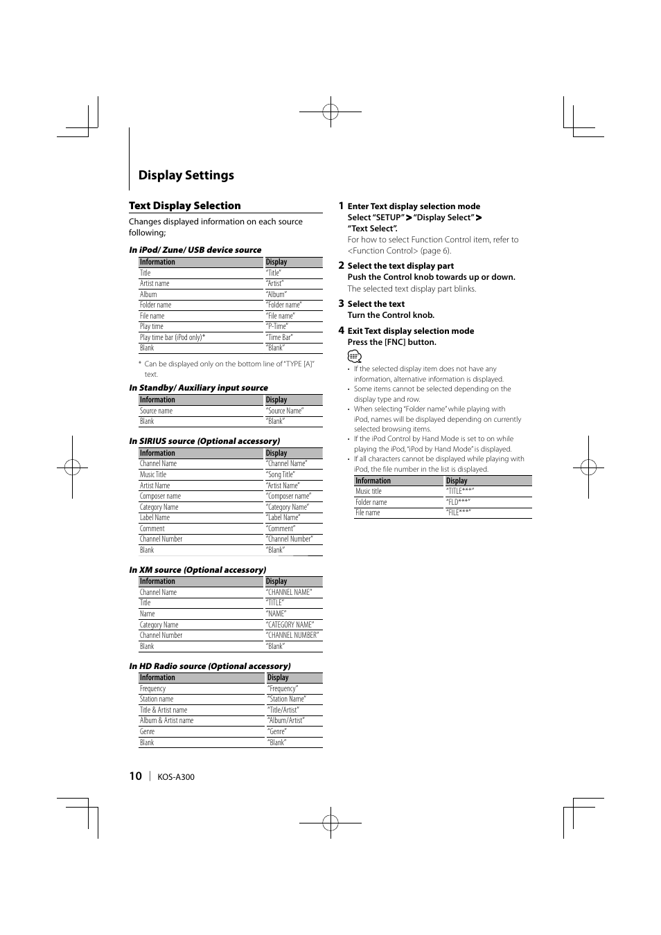 Display settings, Text display selection | Kenwood KOS-A300 User Manual | Page 10 / 44
