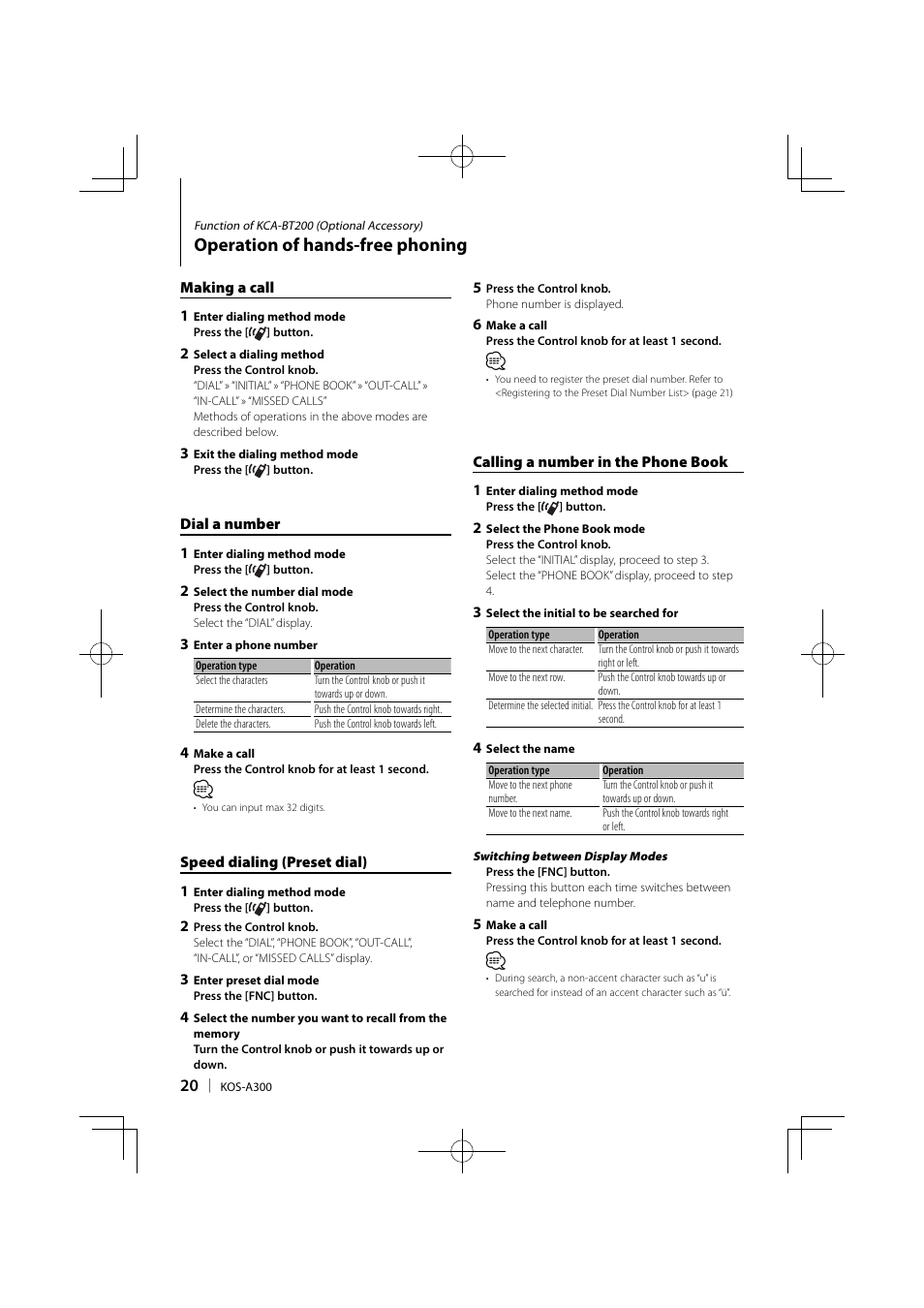 Operation of hands-free phoning | Kenwood KOS-A300 User Manual | Page 20 / 44
