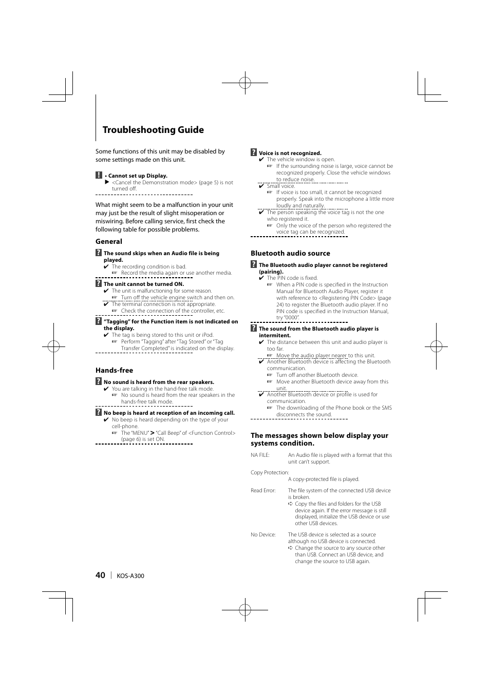 Troubleshooting guide | Kenwood KOS-A300 User Manual | Page 40 / 44