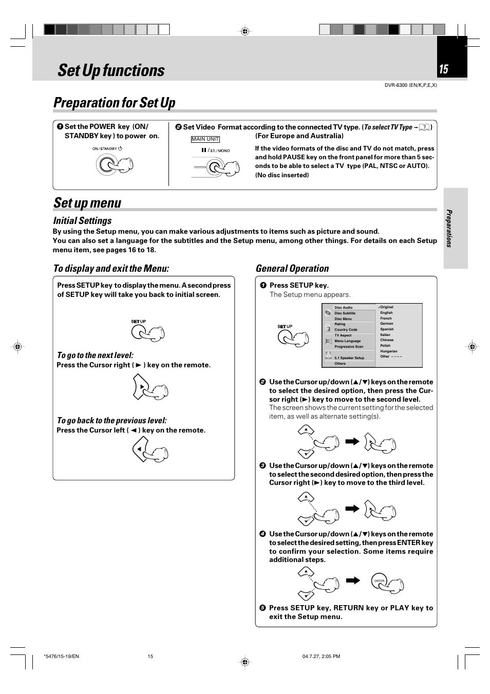 Set up functions, Set up menu, Preparation for set up | Initial settings, General operation | Kenwood DVT-7300 User Manual | Page 15 / 48
