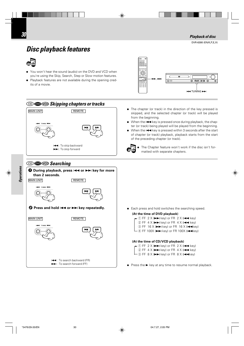 Disc playback features, Skipping chapters or tracks, Searching | Kenwood DVT-7300 User Manual | Page 30 / 48