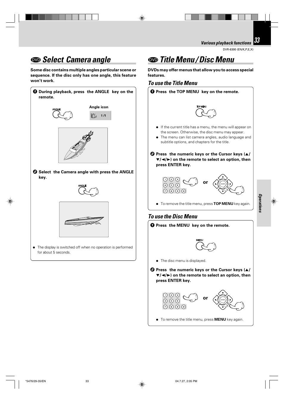 Select camera angle, Title menu / disc menu | Kenwood DVT-7300 User Manual | Page 33 / 48