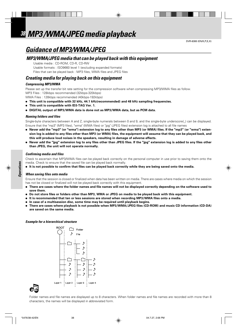 Mp3 /wma/jpeg media playback, Guidance of mp3/wma/jpeg, Creating media for playing back on this equipment | Kenwood DVT-7300 User Manual | Page 38 / 48