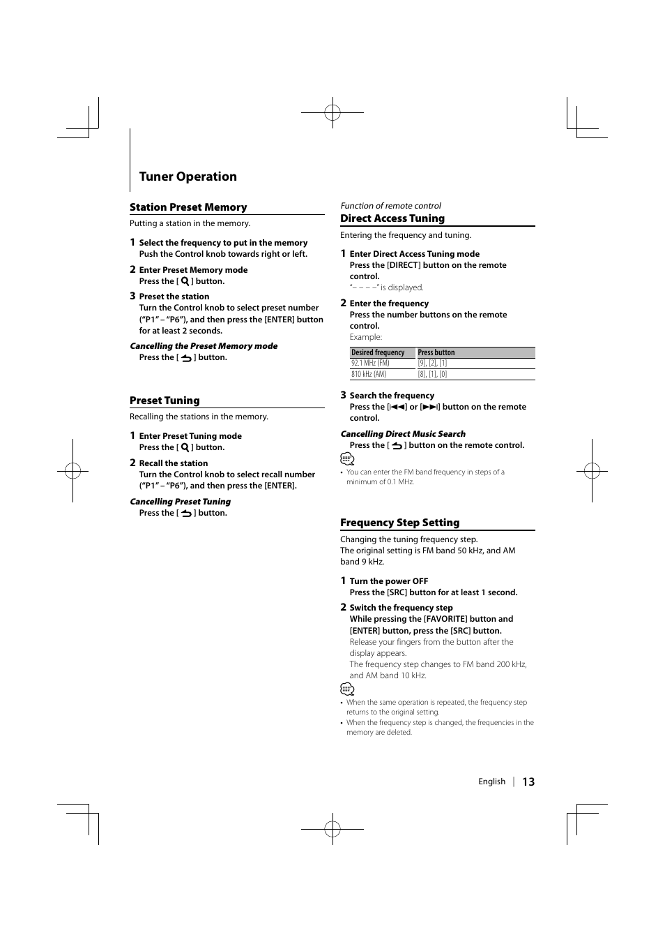 Tuner operation | Kenwood KDC-U6046L User Manual | Page 13 / 40