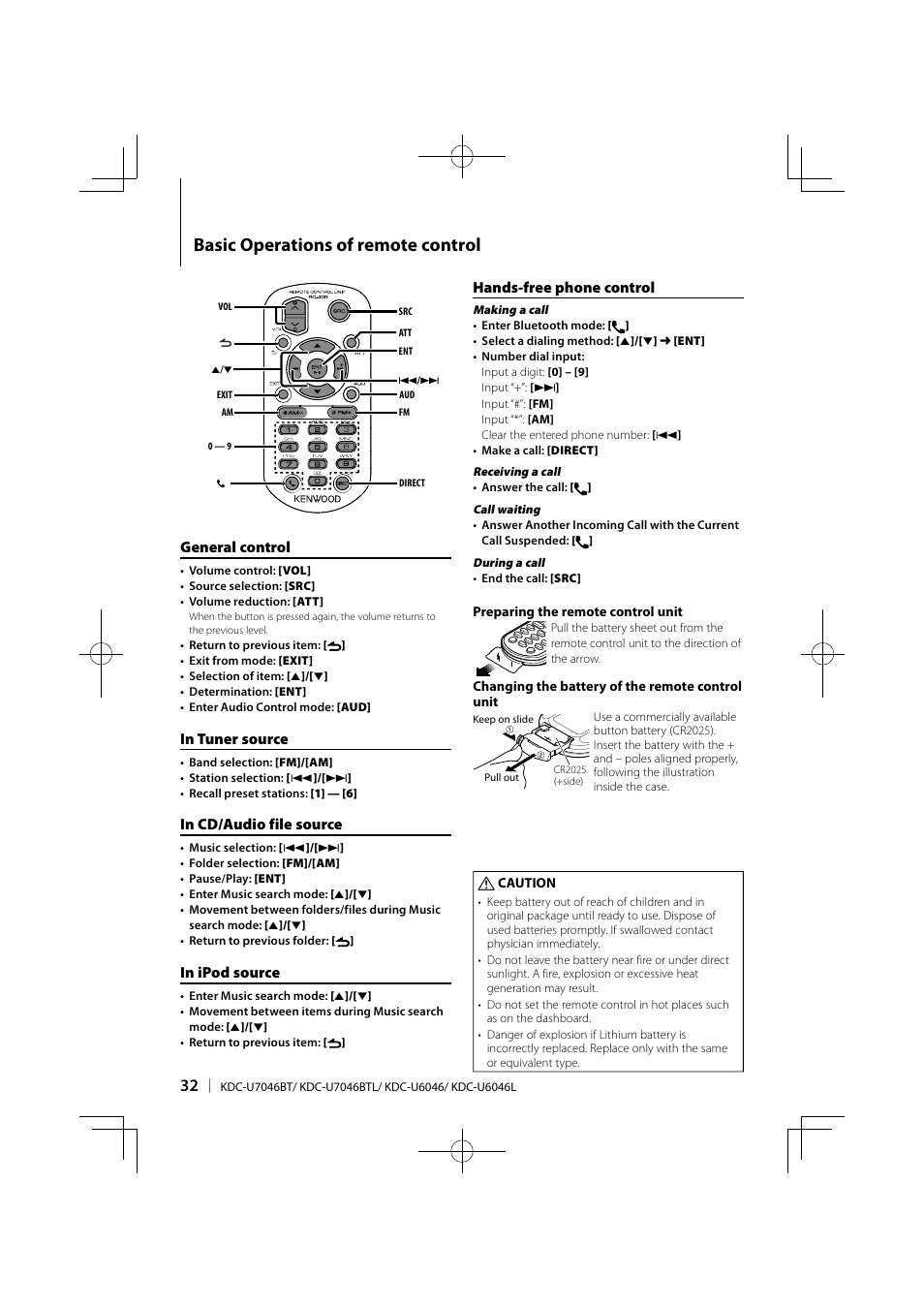 Basic operations of remote control, General control, Hands-free phone control | Kenwood KDC-U6046L User Manual | Page 32 / 40