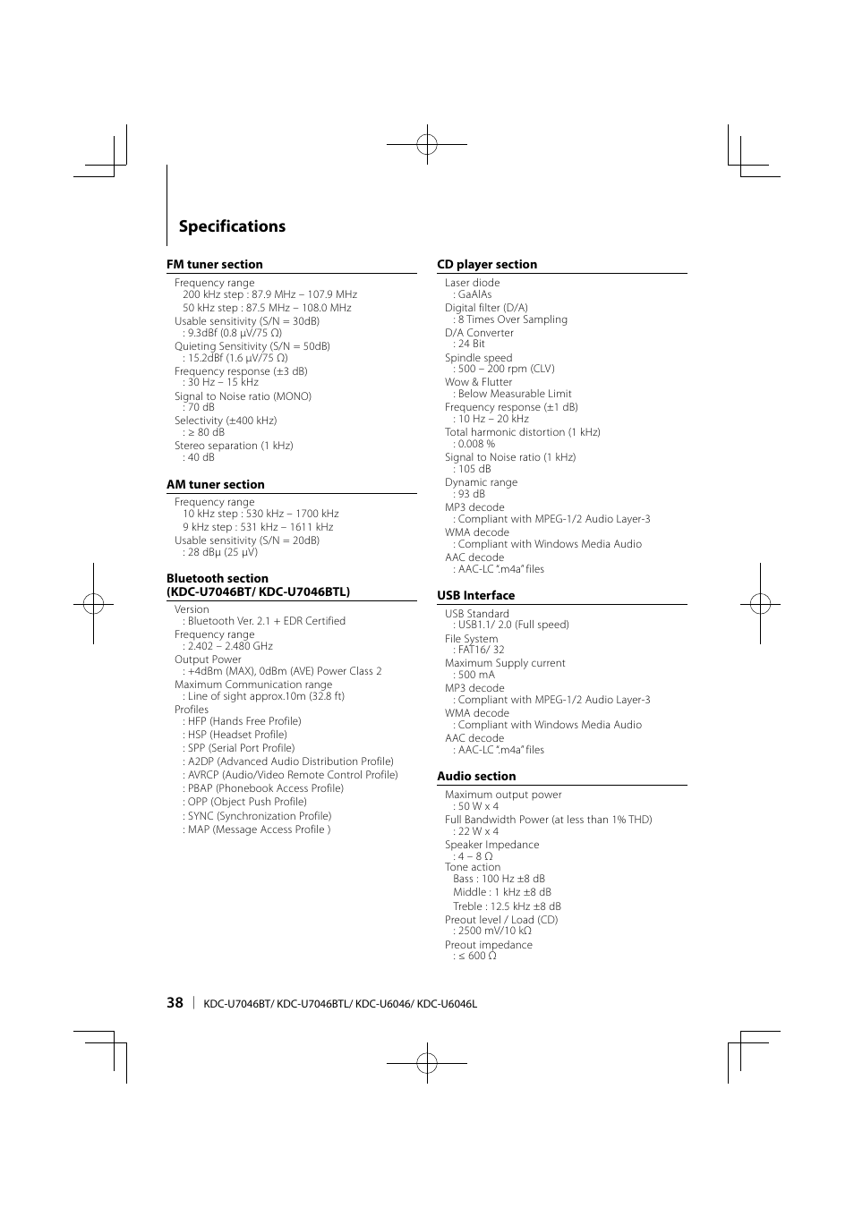Specifications | Kenwood KDC-U6046L User Manual | Page 38 / 40