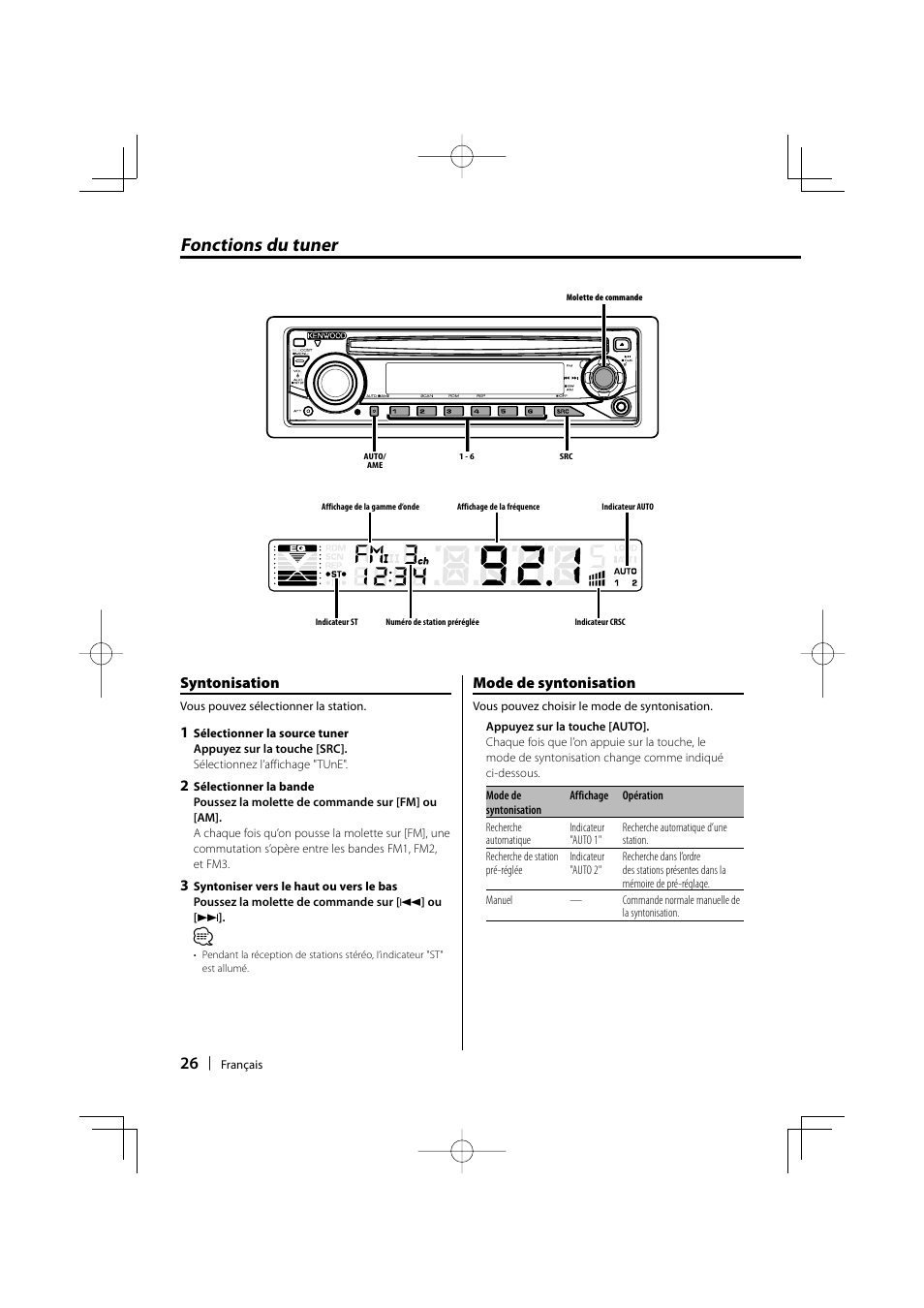 Fonctions du tuner, Syntonisation, Mode de syntonisation | Kenwood KDC-135 User Manual | Page 26 / 56