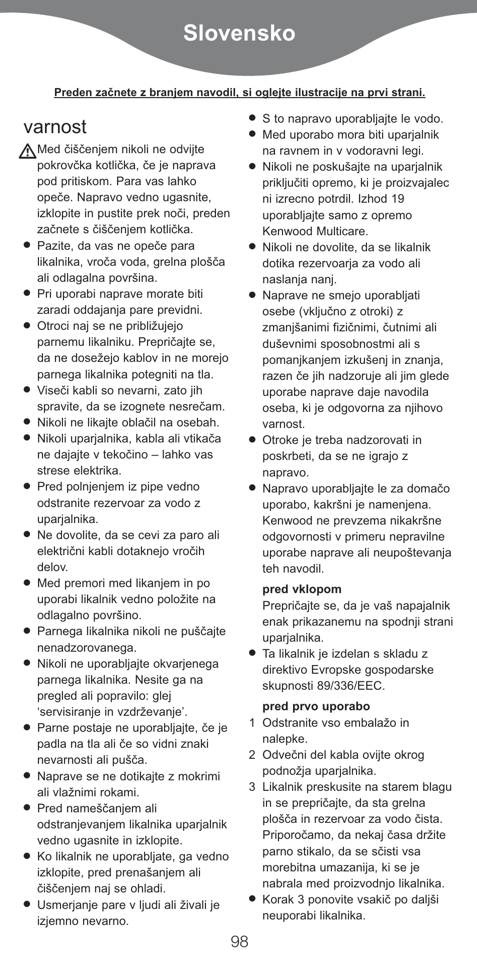Slovensko, Varnost | Kenwood IC800 User Manual | Page 101 / 105