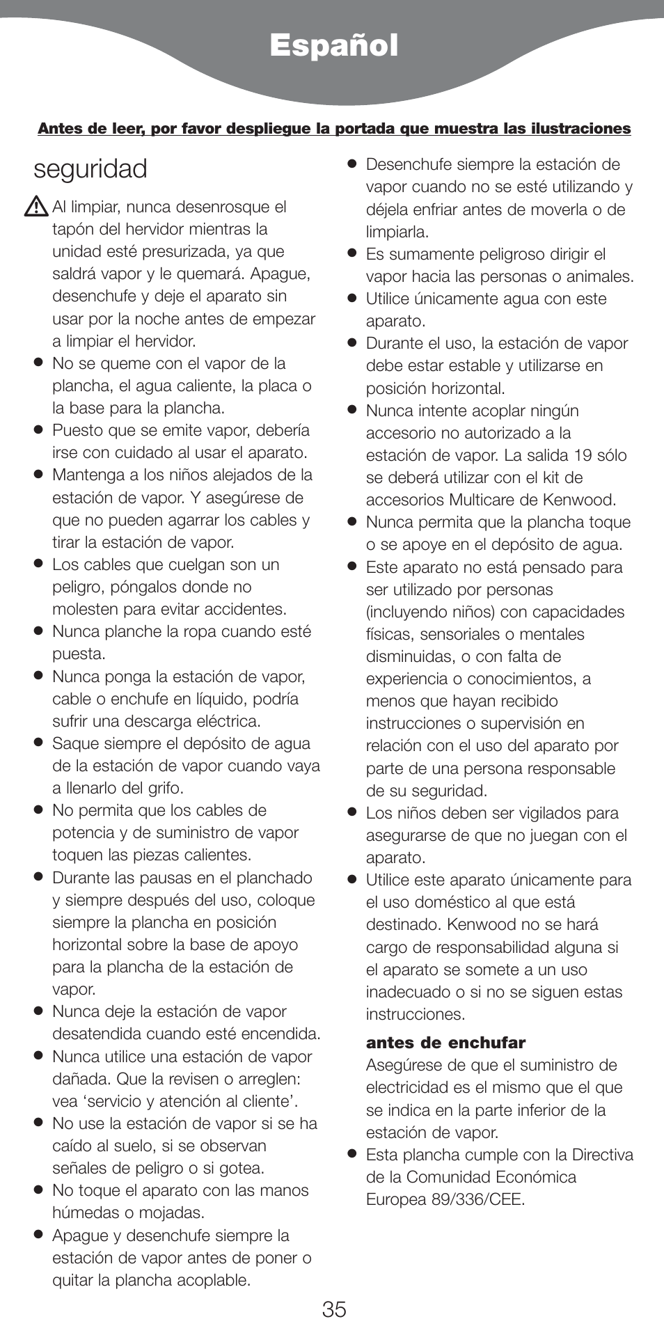 Español, Seguridad | Kenwood IC800 User Manual | Page 38 / 105