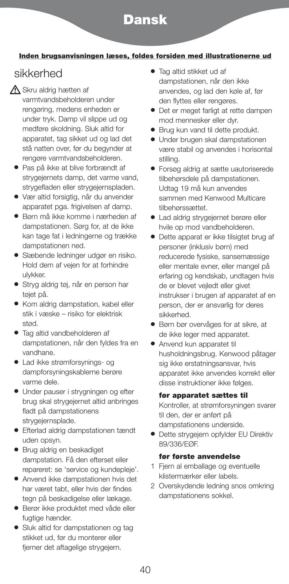 Dansk, Sikkerhed | Kenwood IC800 User Manual | Page 43 / 105
