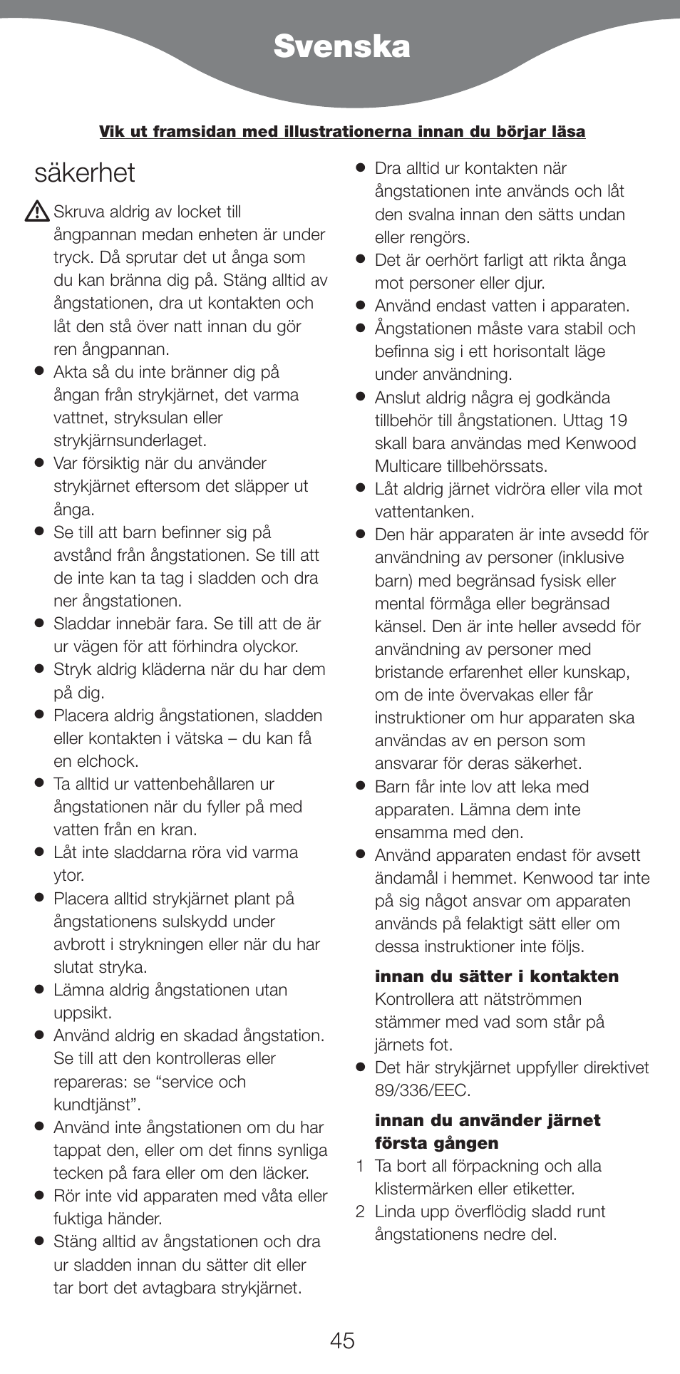 Svenska, Säkerhet | Kenwood IC800 User Manual | Page 48 / 105